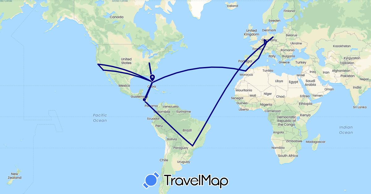 TravelMap itinerary: driving in Brazil, Germany, Spain, Morocco, Nicaragua, Portugal, United States (Africa, Europe, North America, South America)